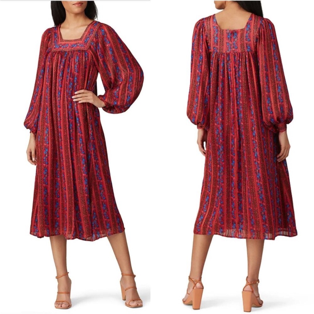 SWEET BABY JAMIE Boho Midi Dress M Red Square Neck Long Sleeve Metallic Floral